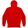 A red hoodie featuring a hood and contrasting side panels. Includes a logo on the back.
