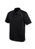 A black short sleeve polo shirt featuring a subtle design and a logo on the front.