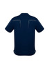 A navy blue men's polo shirt with short sleeves and a design featuring stitching details on the back.