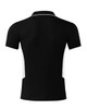 A black polo shirt with white side panels and a logo on the back. Short sleeves and a collar design.
