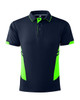 A navy blue polo shirt with vibrant green accents and a subtle logo on the chest area.