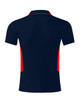 A navy polo shirt with red side panels and a branded logo on the back. Short sleeves and a classic collar design.