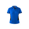 A blue women's polo shirt featuring black side panels and a collar, with a logo on the neckline.