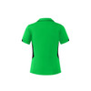 A bright green polo shirt with black side accents, featuring a collar and short sleeves. It has a logo on the chest.