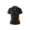 A black polo shirt with orange accents and a logo, featuring a classic collar and buttons.