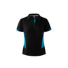 A black polo shirt with turquoise accents and a logo. It features a collar and button placket.