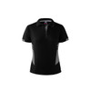 A black polo shirt with grey accents, featuring a collar and a logo on the front.