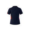 A navy blue polo shirt with red accents and a logo on the back.