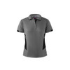 A grey polo shirt with black side panels and a logo on the collar. Short sleeves and a classic polo design.