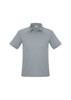 A light grey men's short sleeve polo shirt with a collar and three-button placket, featuring a logo.