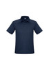 A navy blue men's short sleeve polo shirt featuring a collar and button placket, with a logo present.