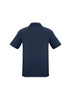 A navy blue men's short sleeve polo shirt with a collared neck and a logo on the side.