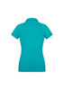 A women's short sleeve polo shirt in turquoise with a fitted design and a collar, featuring a branding logo.