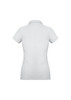 A women's short sleeve polo shirt in light grey with a logo on the back.