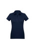 A navy blue women's short sleeve polo shirt with a collar and a logo on the chest.