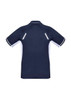 A navy blue short sleeve polo shirt with white accents and reflective details on the back. It features a logo.