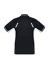 A black short sleeve polo shirt with white accents and reflective detailing, featuring a logo on the front.