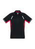 A black and red men's polo shirt featuring short sleeves and contrasting detailing, with a logo.