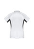 A white and black women's short sleeve polo shirt featuring a logo. Designed for a sporty, stylish look.