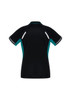 A black women's polo shirt with teal accents and reflective details. It features a logo on the back.