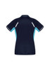 A navy blue women's polo shirt featuring light blue side panels and a logo on the back.