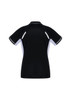 A black women's short sleeve polo with white and grey accents and a logo on the back.