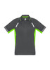 A short sleeve men's polo shirt in grey with bright green accents and detailing. It features a logo on the chest.