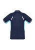 A navy blue short sleeve polo shirt with light blue accents and a logo on the front.