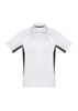A short sleeve polo shirt in white with black side panels and a collar, featuring a logo.