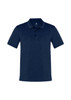 A navy blue short sleeve polo shirt featuring a collar and buttons, with a logo on the upper side.