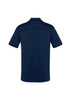 A dark navy men's short sleeve polo shirt featuring a simple design and a logo on the back.