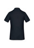 A navy women's short sleeve polo shirt with a smooth texture and a collar. It features a branding logo.