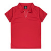 A red polo shirt with a v-neck design, featuring a collar and a logo on the label.