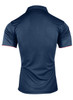 A navy blue men's polo shirt featuring a stylish design and a logo on the back.