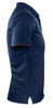 A navy polo shirt with red accents and a logo, displayed from the side.