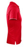 A red polo shirt with a side view, featuring short sleeves and a collar, and a subtle logo on it.
