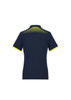 A women's short sleeve polo in navy with a patterned detail in bright yellow on the back. Features a logo.
