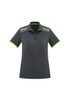 A women's short sleeve polo shirt in dark grey, featuring neon green accents and a logo on the chest.