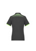 A dark grey women's polo shirt featuring a green geometric design on the back and a logo on the chest.