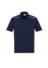 A navy blue men's short sleeve polo shirt featuring a subtle logo and white detailing on the shoulders.
