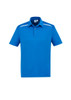 A blue short sleeve polo shirt with a collar, featuring a logo and white accents on the shoulders.
