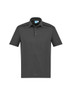 A short sleeve polo shirt in dark grey with a collar and button placket, featuring a logo.