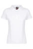 A white polo shirt with a classic collar and three buttons, featuring a logo on the tag.