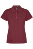 A maroon polo shirt for women with a collared neckline and button placket. Features a branding logo.