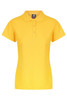 A yellow polo shirt featuring a collar, short sleeves, and a buttoned placket, with a branding logo.