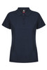 A navy polo shirt with a classic collar and short sleeves, featuring a logo on the tag.