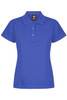 A women’s polo shirt in a vibrant blue colour with a classic collar and three-button placket. It features a logo.