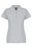 A light grey polo shirt with a collar and three buttons, featuring a logo on the tag.