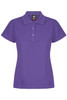 A purple polo shirt with a traditional collar and three buttons at the front, featuring a logo on the collar.
