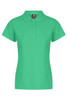 A green polo shirt with a classic collar and button placket. Features a branding logo.